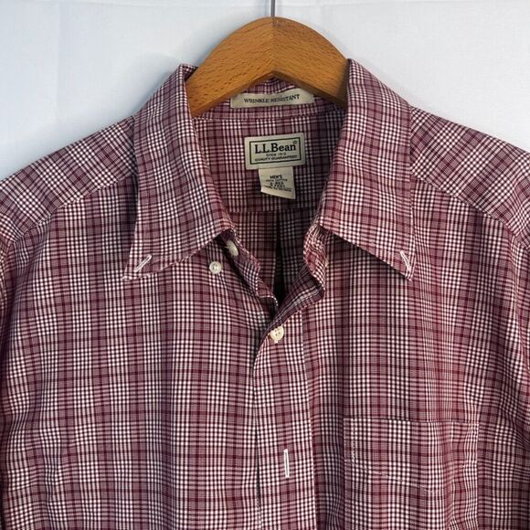LL Bean Burgundy Cotton Plaid Wrinkle Resistant Casual Button Down Size L Reg - Picture 3 of 9